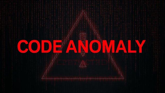 Code anomaly warning banner with red glitch matrix rain and cyber triangle