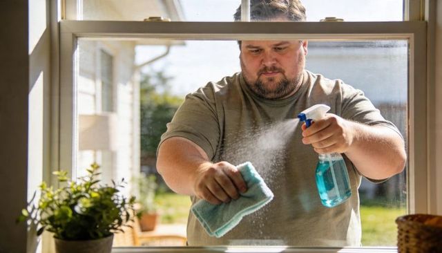 Man cleaning window with spray bottle and microfiber cloth in sunlit home