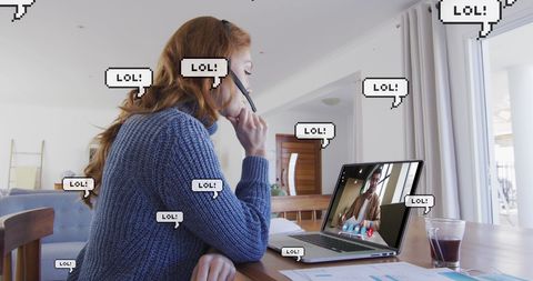 Woman Enjoys Humorous Video Call from Cozy Home Office