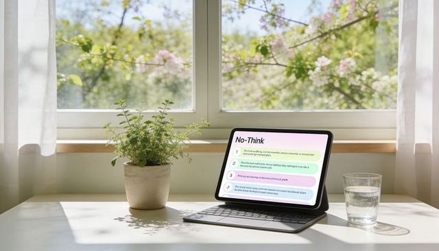 Sunlit home workspace displaying tablet with presentation, potted plant and glass