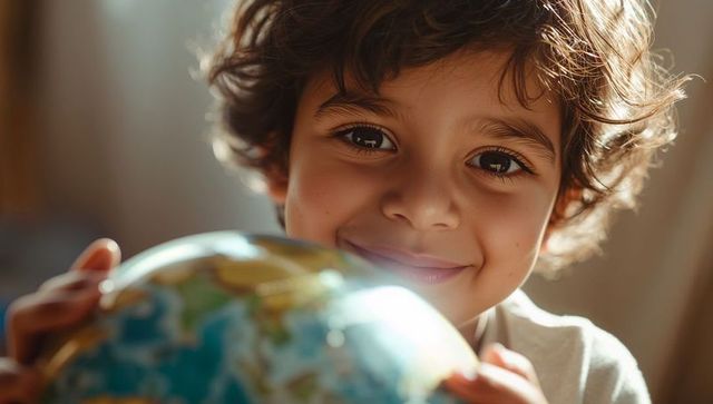 Smiling Child Embracing Globe, Curious About the World