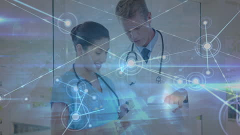 Healthcare Professionals Engaging with Digital Technology Interface