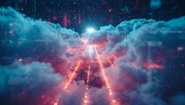 Futuristic Neon Grid Pathway Amid Luminous Clouds