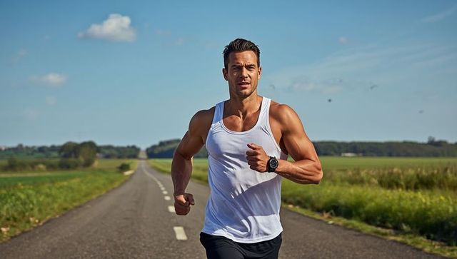 Athletic Man Running on Scenic Road under Blue Sky