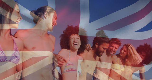 Group of Friends Having Fun with British Flag Overlay on Beach - Download Free Stock Images Pikwizard.com