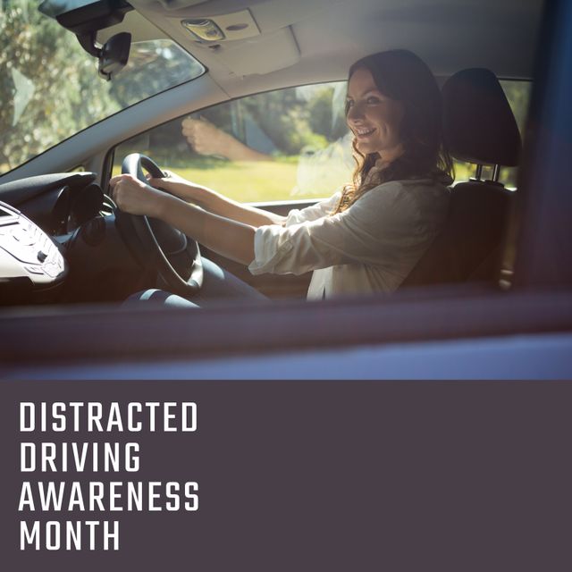 Smiling Woman Driving Car with Distracted Driving Awareness Sign - Download Free Stock Templates Pikwizard.com