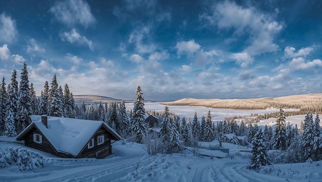 Snow-covered cabin overlooking frozen lake at sunrise with pine forest vista