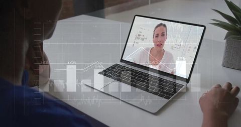Businesswoman Engaged in Video Conference Analyzing Data Charts