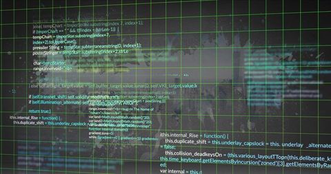 Neon Green Grid Overlay on Code Terminal with Glare and Dystopian Tech Textures