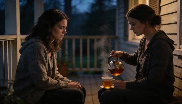 Pouring tea on porch comforting upset friend at dusk, steaming cup, intimate support