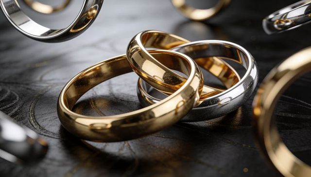 Stacking polished gold and silver rings reflecting luxury on dark leather backdrop