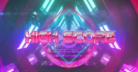 High score text overlay on neon digital tunnel background