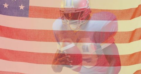 American football player holding ball with us flag overlay, patriotic sports portrait