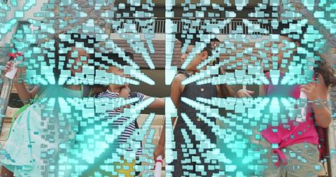 Girls Holding Tubes in Front of Building With Vibrant Digital Overlay