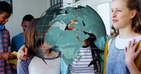 Teens Chatting in School Hallway with Digital Globe Overlay Representing Global Learning