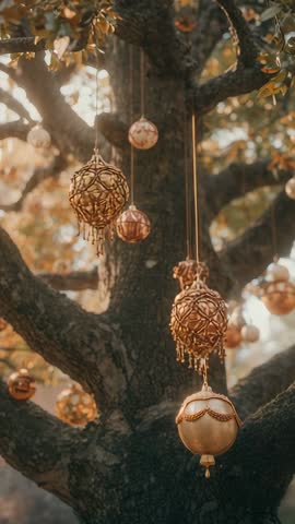 Swaying golden baubles beneath oak branch, camera pulling back through sunlit park