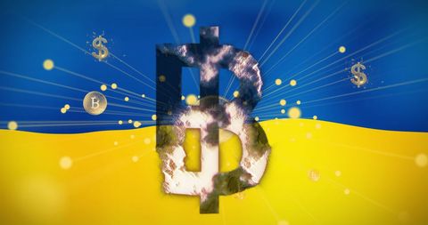 Bitcoin Symbol Surrounded by Digital Effects Against Ukrainian Flag