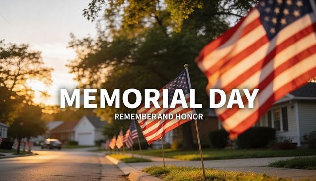 Memorial day tribute american flags lining suburban street at sunset