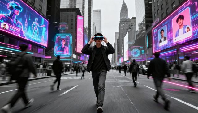 Asian man walking through neon cyberpunk avenue adjusting ar headset with holographic billboards