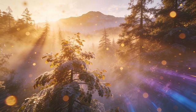 Sunlit frosted evergreen in misty mountain valley with purple and blue light flares