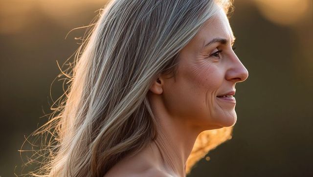 Serene mature woman with silver hair gazing at golden hour meadow rimlit portrait