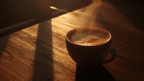 Steaming coffee cup glowing during golden hour on rustic wooden table