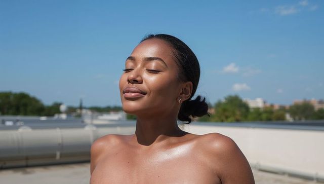 Sunlit rooftop portrait of woman basking with glowing skin and relaxed expression
