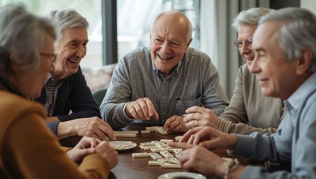 Seniors Laughing and Socializing While Playing Dominoes