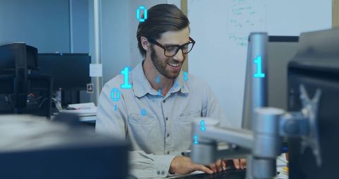 Smiling Businessman with Binary Code Overlays in Modern Office - Download Free Stock Images Pikwizard.com
