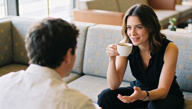 Young woman sipping coffee and engaging in warm conversation in cozy cafe booth