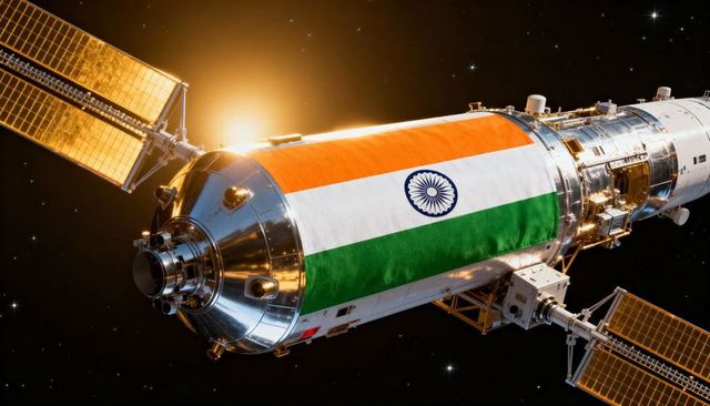 Orbiting spacecraft module displaying indian tricolor flag with solar panels and docking port