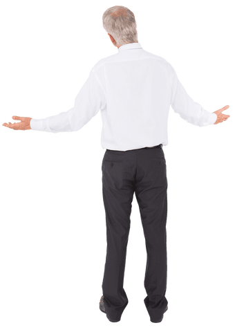 Transparent rear view mature businessman expressing surprise