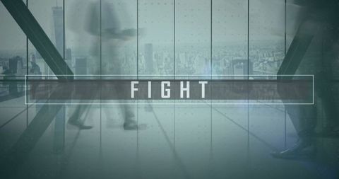 Corporate professionals walking on glass deck with urban skyline view