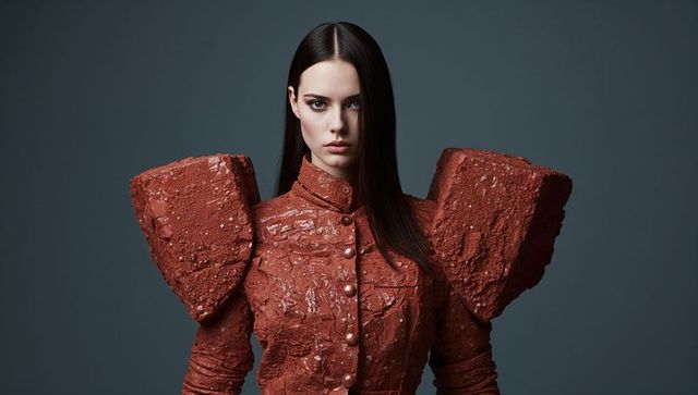 Terracotta sculptural jacket with oversized block shoulders, minimalist dramatic portrait