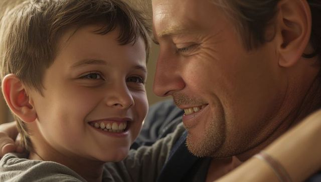 Smiling father and son sharing warm hug and tender bond at home close-up portrait