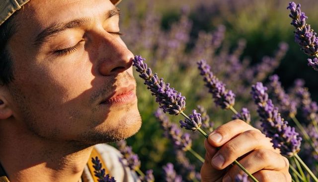 Young man smelling lavender in golden hour field, closeup portrait enjoying floral scent