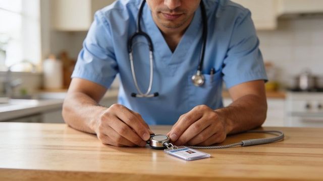 Nurse leaning over kitchen counter handling stethoscope and id badge in scrubs
