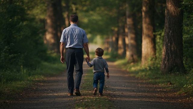 Father and Son Walking Hand in Hand on Forest Path at Sunset, Family Bonding Moment