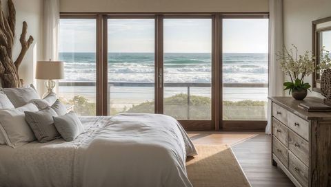 Sunlit coastal bedroom overlooking ocean through glass sliding doors with king bed
