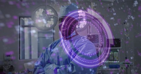 Futuristic surgeon with augmented reality hud and purple data overlay in operating room