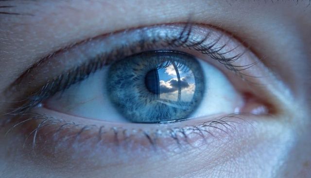 Close-up blue eye reflecting window and cloudy sky, macro iris detail and eyelashes