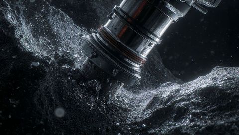 Asteroid drill probe penetrating metallic regolith, close-up space mining concept