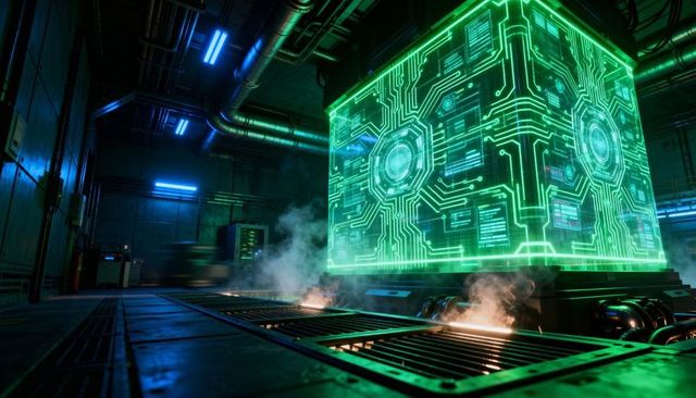 Glowing holographic green cube emitting circuit patterns in futuristic industrial chamber