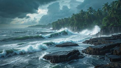 Dramatic waves crashing on bay of bengal rugged tropical coastline