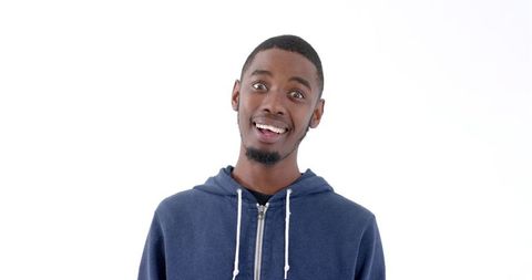 Surprised Man in Blue Hoodie Looking Up Isolated on White - Download Free Stock Images Pikwizard.com