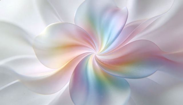 Unfolding iridescent petal vortex with pearlescent glow on soft gray field