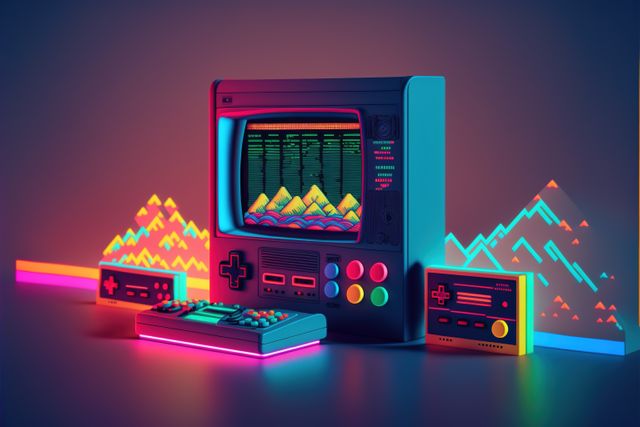 Retro gaming console and pads in neon background, created using generative ai technology. Retro video game and home entertainment concept digitally generated image.