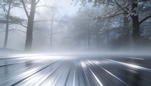 Misty wet boardwalk leading into foggy forest with reflective planks and blossoms
