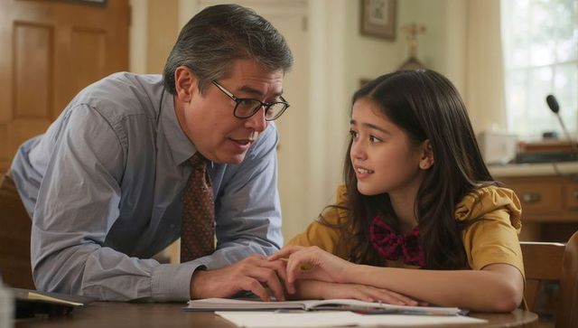 Man tutoring young girl over open textbook at home, warm daylight family learning moment