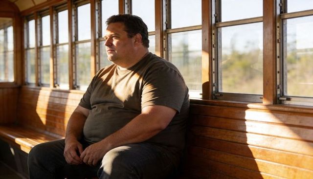 Solitary man sitting on vintage wooden tram bench gazing through window in golden sunlight